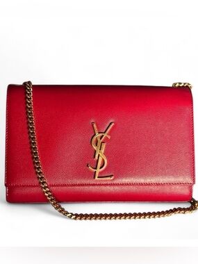 ❤️ YSL Kate Medium Red Grain de Poudre Leather Gold Chain Shoulder Bag ❤️